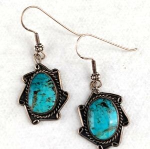 Native American Blue Turquoise Brown Matrix Statement Sterling Silver Earrings